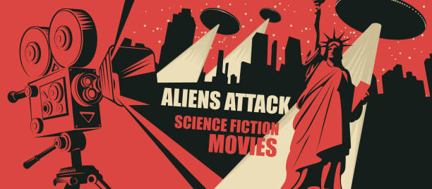 banner for the science fiction movies festival Cinema poster for science fiction movies. Vector illustration with an old movie projector and flying saucers with a bright beams and a fleeing person in a big city at night. Aliens attack. alien invasion stock illustrations