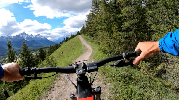 istock Mountain e-biker rides along mountain trail 1255070598