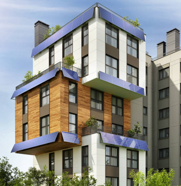 istock Modern apartment building with solar panels 1255070901