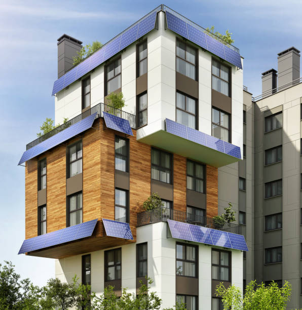 modern apartment building with solar panels - window sun sunlight vertical imagens e fotografias de stock