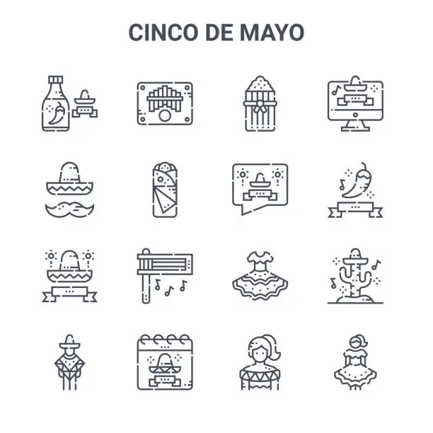 Vector illustration of set of 16 cinco de mayo concept vector line icons. 64x64 thin stroke icons such as marimbol, mexican hat, spicy, mexican, mexico, mexican woman, woman, cinco de mayo, website