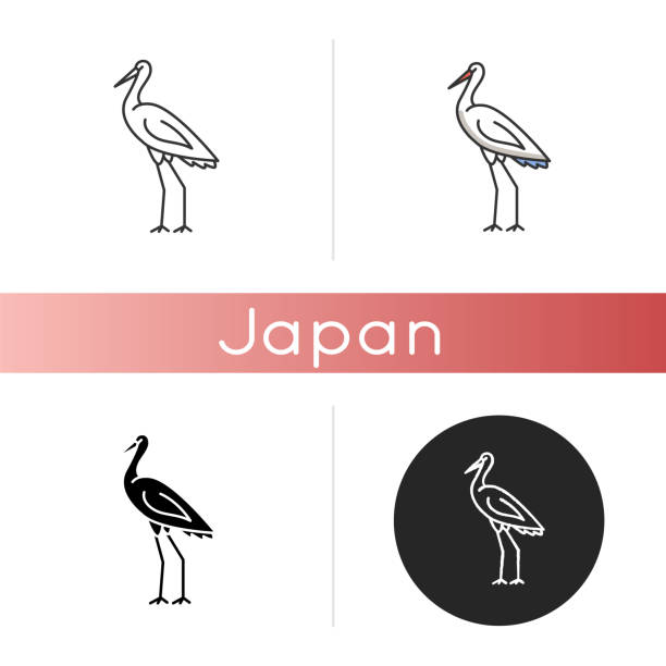 ilustraciones, imágenes clip art, dibujos animados e iconos de stock de icono de pájaro grúa - traditional culture heron bird animal