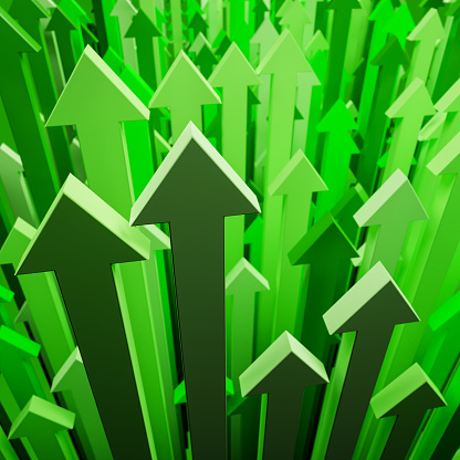 3d render: Green arrows pointing up. Concept for success leadership wealth growth
