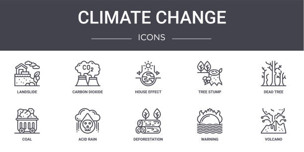 기후 변화 개념 라인 아이콘 세트. 웹, 로고, 이산화탄소, 나무 그루터기, 석탄, 삼림 벌채, 경고, 화산, 죽은 나무, 집 효과와 같은 ui / ux에 사용할 수있는 아이콘이 포함되어 있습니다. - global warming pollution deforestation carbon dioxide stock illustrations