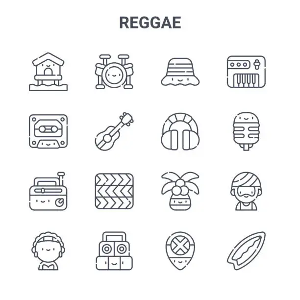 Vector illustration of set of 16 reggae concept vector line icons. 64x64 thin stroke icons such as drums, cassette, microphone, palm tree, sound system, surfboard, reggae, headphones, clavinet