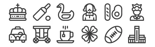 Vector illustration of 12 set of linear england icons. thin outline icons such as tate modern, clover, carriage, english breakfast, swan, cricket for web, mobile.