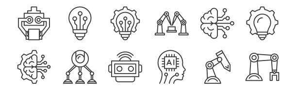 12 set of linear robotics icons. thin outline icons such as robot arm, artificial intelligence, robot, artificial intelligence, innovation, bulb for web, mobile. 12 set of linear robotics icons. thin outline icons such as robot arm, artificial intelligence, robot, artificial intelligence, innovation, bulb for web, mobile robotics stock illustrations