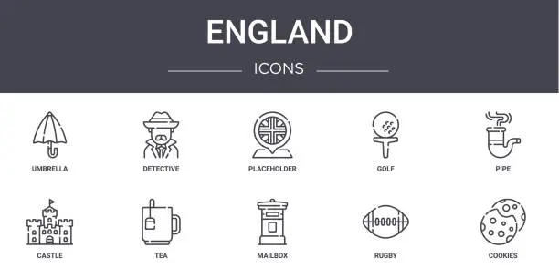 Vector illustration of england concept line icons set. contains icons usable for web, logo, ui/ux such as detective, golf, castle, mailbox, rugby, cookies, pipe, placeholder