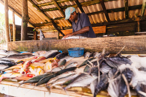 istock Man selling fish at small local fish market 1255085976
