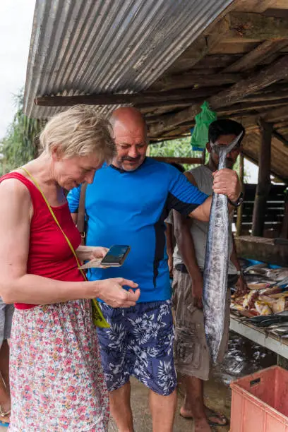 Small local fish market in the town Aluthgama, near Bentota, Sri Lanka.