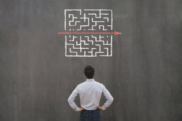 simple easy fast solution concept simple easy fast solution concept, problem solving, business man thinking about exit from complex labyrinth maze effortless stock pictures, royalty-free photos & images