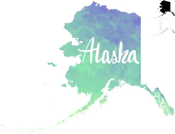 Vector illustration of Alaska USA Watercolor Textured Color Gradient Vector Map w/ Calligraphy