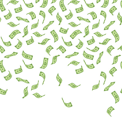 This seamless money background features American dollar bill illustrations falling in various three-dimensional positions. The EPS10 vector file can be repeated horizontally as many times as required, easily coloured and customised to suit your needs and scaled infinitely without any loss of quality.