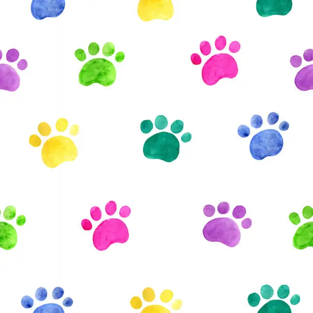 Seamless pattern with watercolor footsteps, animal 's paws, cartoon