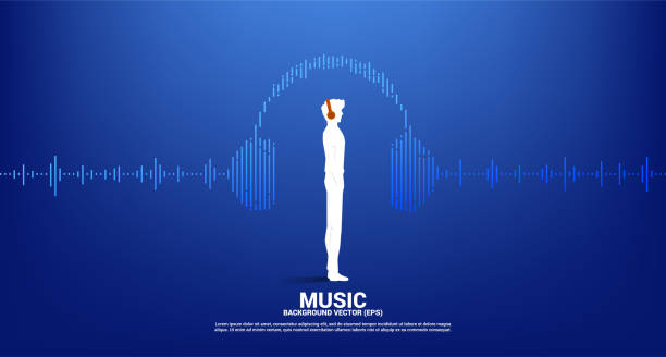 silhouette des mannes mit kopfhörer und sound-welle musik equalizer hintergrund. - soundtrack stock-grafiken, -clipart, -cartoons und -symbole