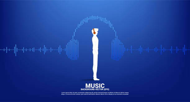 illustrazioni stock, clip art, cartoni animati e icone di tendenza di silhouette dell'uomo con cuffia e sfondo equalizzatore musicale sound wave. - soundtracks