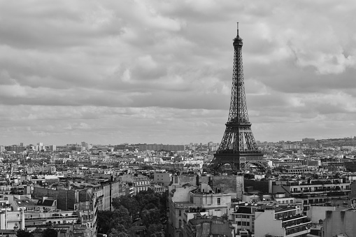 Black and white cityscape of Paris near Eiffel Tower
