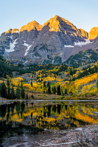 Maroon Bells lake at sunrise in Aspen, Colorado with rocky mountain peak and snow in October 2019 autumn and vibrant trees reflection on water vertical view