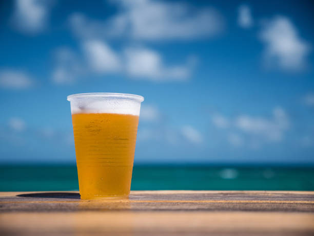 istock Beer in plastic cup on wooden table over caribbean sea background 1255099059