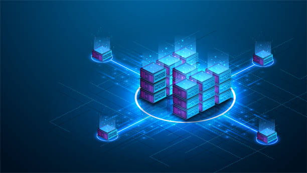 Isometric futuristic Hosting server. Abstract datacenter or blockchain background. 3D Digital background. Server farm communication with internet. Computer storage, farming workstation. Vector Isometric futuristic Hosting server. Abstract datacenter or blockchain background. 3D television host stock illustrations