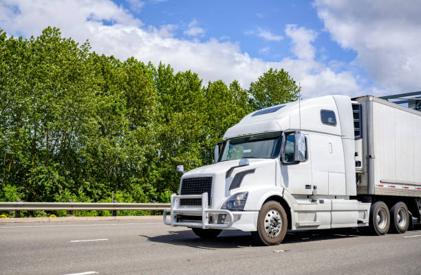 istock Professional industrial grade big rig white semi truck with protective guard transporting cargo in refrigerator semi truck driving on the multiline highway road with green trees on the side 1255102200
