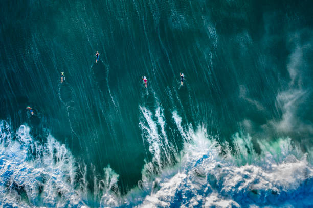 Drone view of a group of surfers in Bali Indonesia View directly above of a small group of surfers paddling through massive tidal waves to capture the next waves in Bali Indonesia. coral colored photos stock pictures, royalty-free photos & images