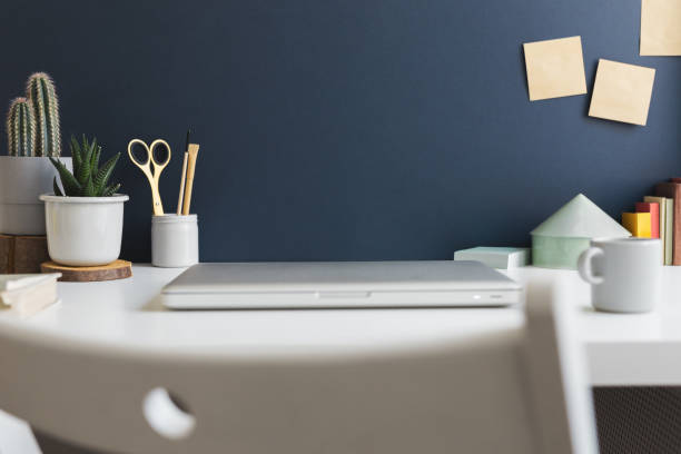 istock Home office. Stylish workspace with geometric supplies. 1255104577