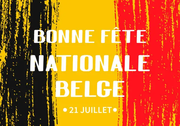 Vector illustration of Bonne Fete Nationale Belge (Happy Belgian National Day in French) lettering with black and red brush stroke. Belgium holiday. Vector template for poster, banner, flyer, greeting card, etc