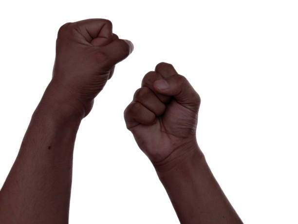 Black Skin hand on white background uprise  in support of protest protest for human rights. Hand for protest protest in USA to stop violence to black people. Fight for human right of Black People in U.S. America. i cant breathe stock pictures, royalty-free photos & images