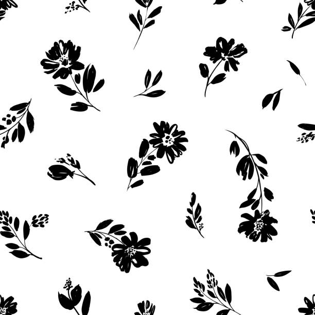 牡丹、カモミールまたはデイジーとシームレスな花のベクトルパターン。●抽象的な花柄をモチーフにした黒塗装イラストを手描き。 - 5141点のイラスト素材／クリップアート素材／マンガ素材／アイコン素材