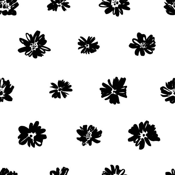 szczotka kwiat wektor bez szwu wzór. ręcznie rysowana ilustracja z tuszem botanicznym z motywem kwiatowym. rumianek lub stokrotka malowane pędzlem. - 5141 stock illustrations