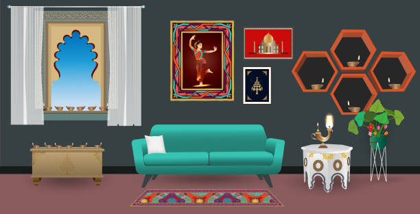 Living room interior with india furniture style and Oil Lamps (Diya) for Diwali celebration. Vector illustration. Living room interior with india furniture style and Oil Lamps (Diya) for Diwali celebration. Vector illustration. diwali home stock illustrations