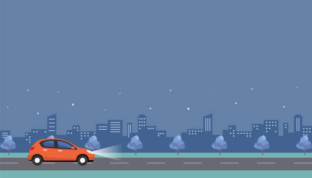 ilustracja stockowa: samochód na ciemnej drodze w nocy - headlight stock illustrations