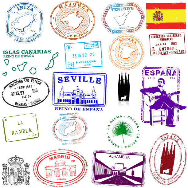 ilustraciones, imágenes clip art, dibujos animados e iconos de stock de colección gráfica de viajes en español - barcelona sevilla