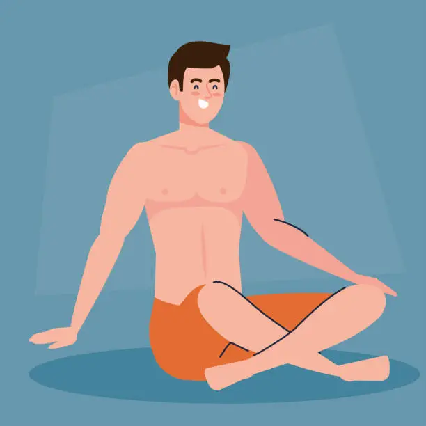 Vector illustration of man in shorts, happy guy in swimsuit sitting on the floor