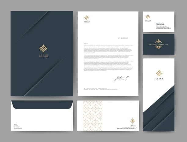 0107 - Branding Navy Blue Branding identity template corporate company design, Set for business hotel, resort, spa, luxury premium logo, navy blue color, vector illustration business cards and stationery stock illustrations