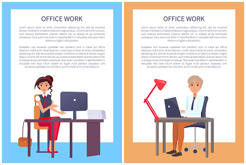 Office work posters with text sample, woman and man at workplace typing on computer, business people sitting at tables and chairs, entrepreneur workers