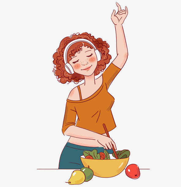 illustrations, cliparts, dessins animés et icônes de jeune femme cuisinant et écoutant la musique dans la cuisine. illustration saine d’aliment. concept de mode de vie sain. cuisiner à la maison. préparer des aliments - white background human arm headphones women