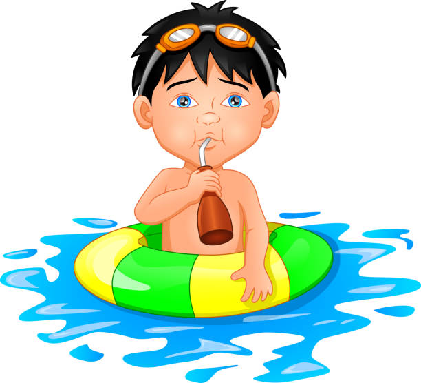 Boy with inflatable circle vector illustration of Boy with inflatable circle cartoon of a swimming goggles stock illustrations