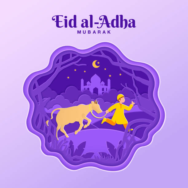 Eid al-Adha greeting card concept illustration in paper cut style Eid al-Adha, greeting card, illustration, paper cut, kids, cartoon, character, banner, hajj stock illustrations