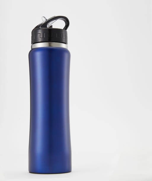 istock Full length blue aluminium waterbottle. Isolated on white background. 1255132780