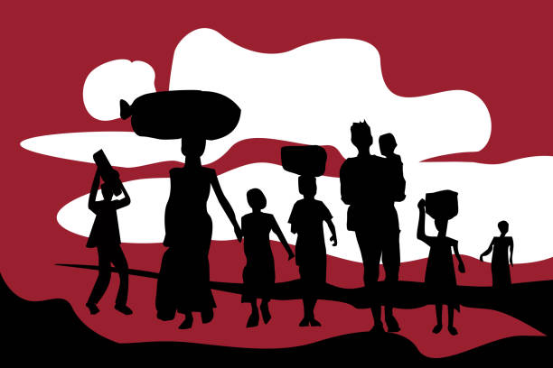 ilustrações de stock, clip art, desenhos animados e ícones de silhouette of exodus of economically backward people carrying their luggages and kids. - refugees