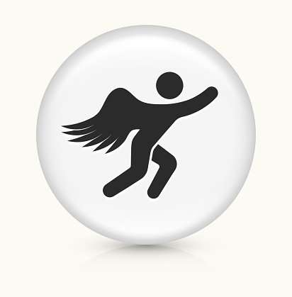 Flying Man Angel Icon. This 100% royalty free vector illustration is featuring a round button with a drop shadow and the main icon is depicted in black. The button had a slight bevel 3D effect.