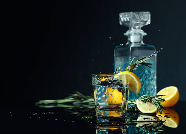 Cocktail gin-tonic with lemon and twigs of rosemary. Cocktail gin-tonic with lemon slices and twigs of rosemary. Piece of ice falls into the glass. Copy space for your text. gin tonic stock pictures, royalty-free photos & images