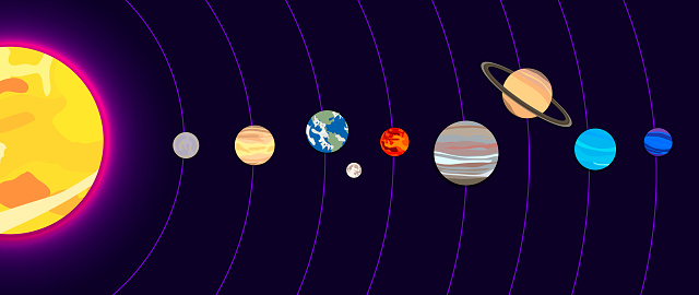 Vector Solar System Illustration, dark blue background, shining sun and 8 planets, Earth with the Moon, cartoon art, graphic backdrop.