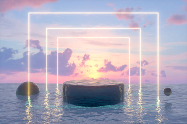 istock 3D Empty Product Stand, Platform, Podium on the Sea 1255142806