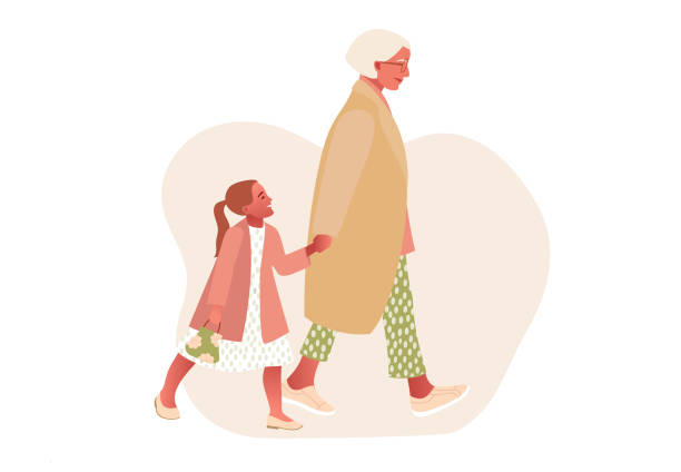 幸せなスタイリッシュなおばあちゃんと女の子。漫画のスタイル - 孫点のイラスト素材／クリップアート素材／マンガ素材／アイコン素材