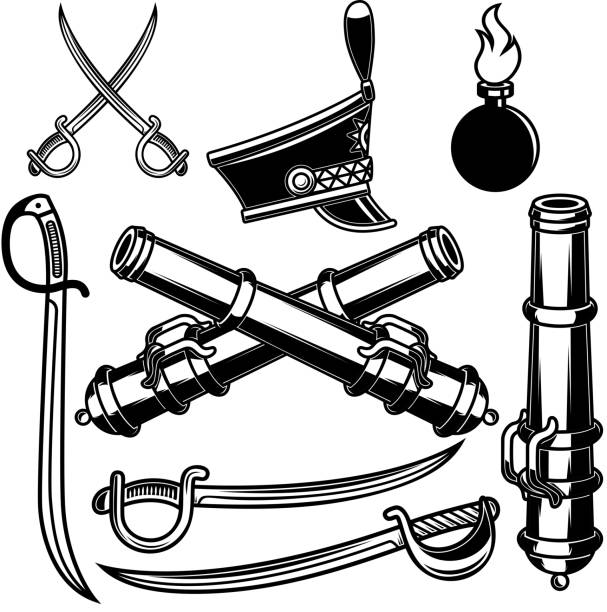 illustrations, cliparts, dessins animés et icônes de ensemble d’illustrations de l’arme de hussar. sabres, canons. élément de conception pour emblème, étiquette, signe. illustration vectorielle - soldat à cheval