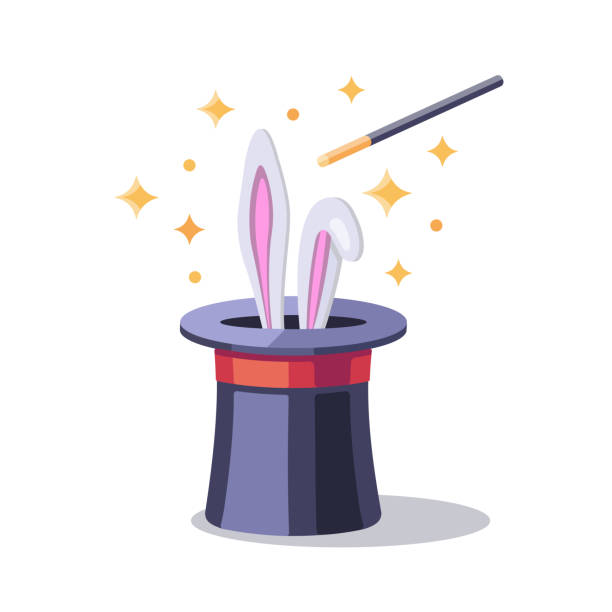 Magician equipment: black magic hat with bunny ears, magic wand iand stars. Magician equipment: black magic hat with bunny ears, magic wand iand stars. A magic trick with white rabbit in magic hat. Vector illustration, flat style. sorcerer hat stock illustrations