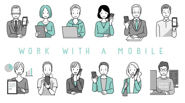 osoby pracujące na smartfonach i urządzeniach mobilnych - strona startowa ilustracje stock illustrations